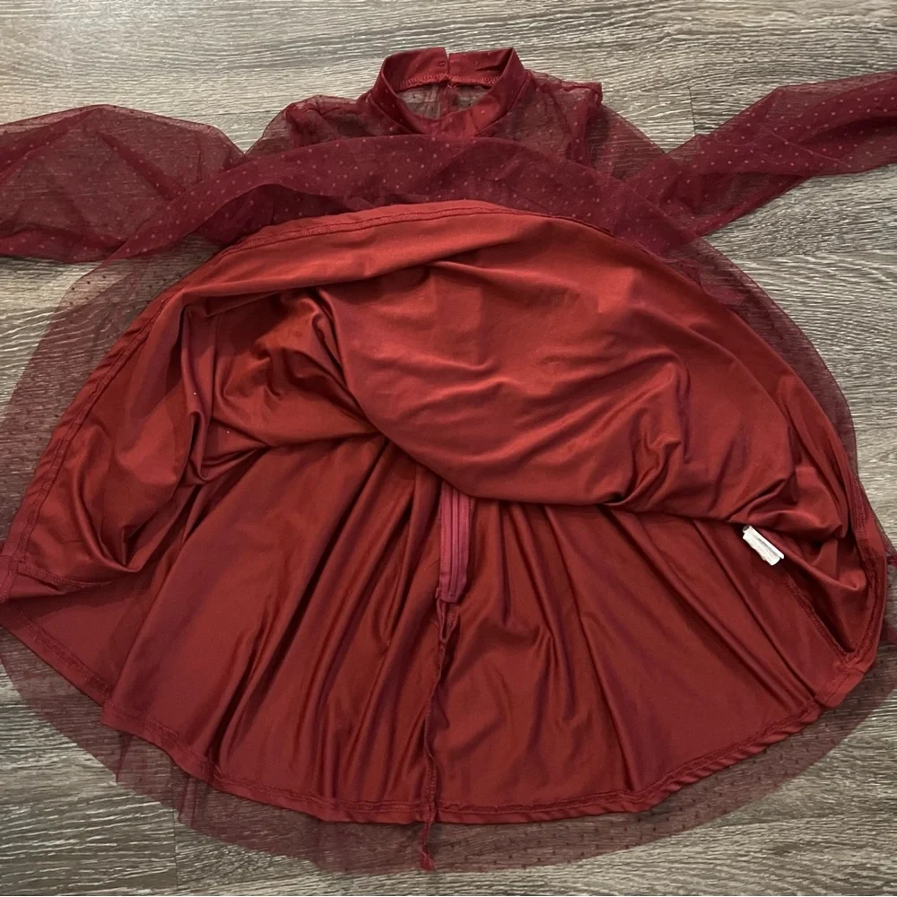 Girls Burgundy Sheer Mesh A-line Dress.